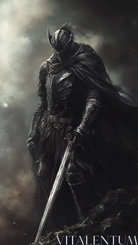 Dark armored knight with sword in stormy fantasy scene.
