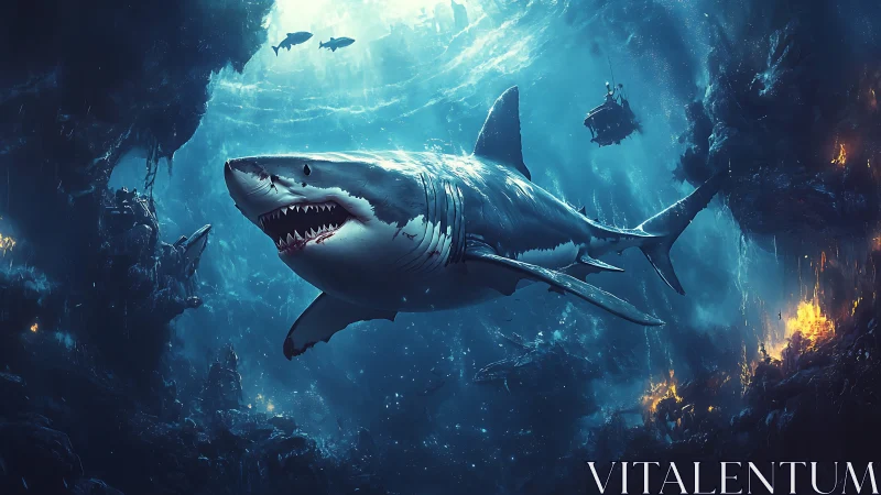 Abyssal warlord shark patrols a firelit undersea chasm.