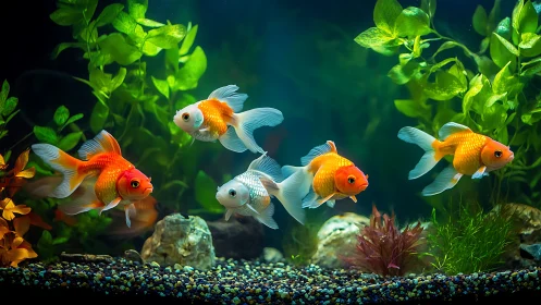 Gliding goldfish ballet in a lush, jewel-toned aquarium realm.