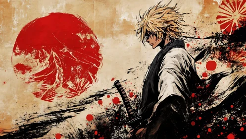 Samurai figure before red sun with dynamic ink textures.