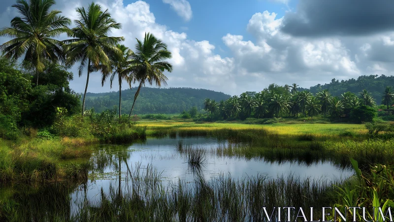 Quiet tropical pond cradled by palms and soft green hills.