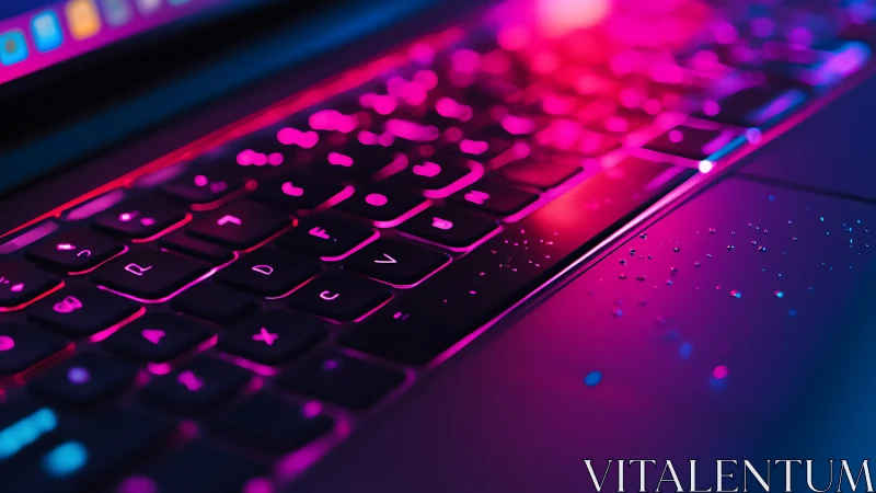 Neon laptop keyboard with glowing dust in cyberpunk light.