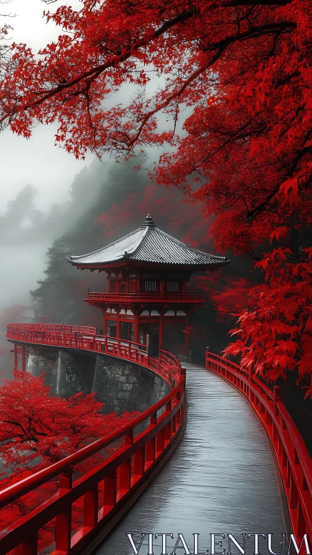 Curved elevated walkway to pavilion amid dense red foliage.