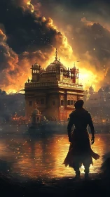 Turbanned sentinel before incandescent riverside temple blaze.