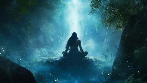 Mystic meditator bathing in a moonlit forest cascade of hush.