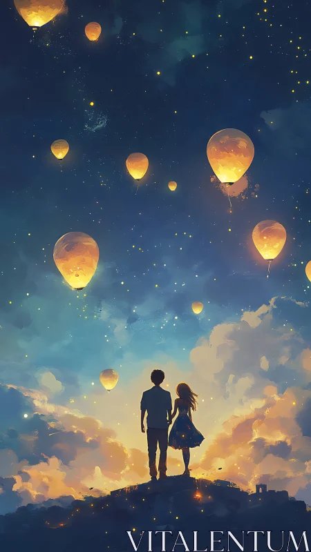 Couple watching sky lanterns rise into starlit night.