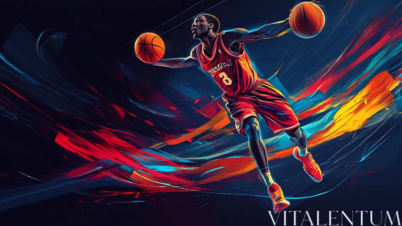 Dynamic basketball player soars through neon streaked energy court.