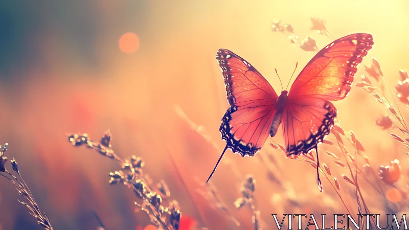 Vibrant butterfly in a dreamy sunlit meadow, soft focus style.