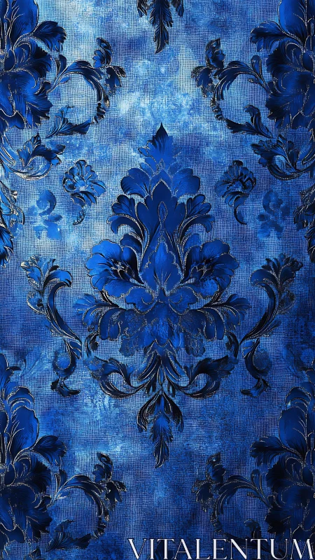 Ornate blue damask pattern glows against textured backdrop.