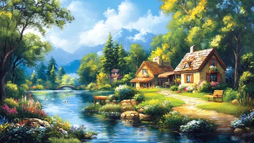 River, cottages, and wooded landscape form a coherent scene