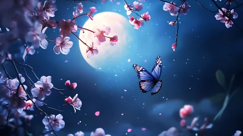 Moonlit butterfly passes between cherry branches in bloom