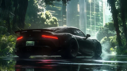 Black sports car idles in neon city jungle rain