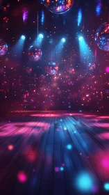 Neon disco cosmos over an empty, expectant dance floor.