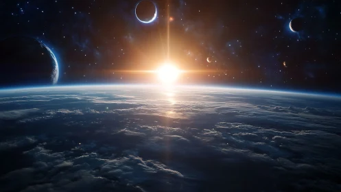 Sunrise over planet horizon with glowing distant moons.