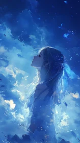 Side-lit blue profile girl dissolving into atmospheric cloud field