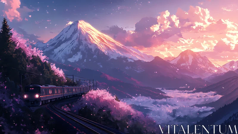 Sunset mountain railway under glowing cherry blossoms.