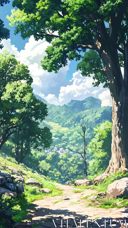 Forested valley vista viewed through large tree canopy.
