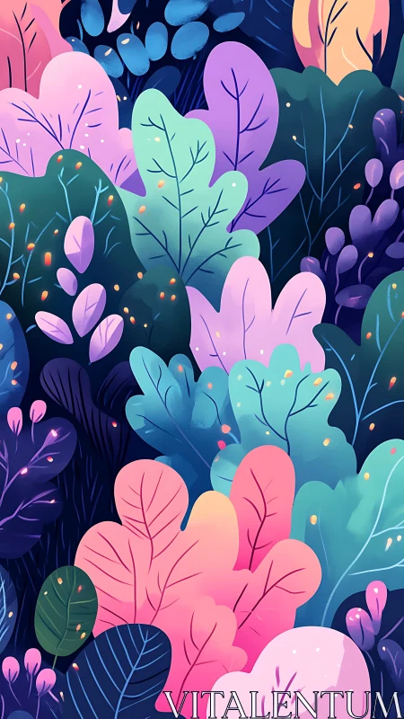 Colorful stylized foliage pattern in layered digital art.