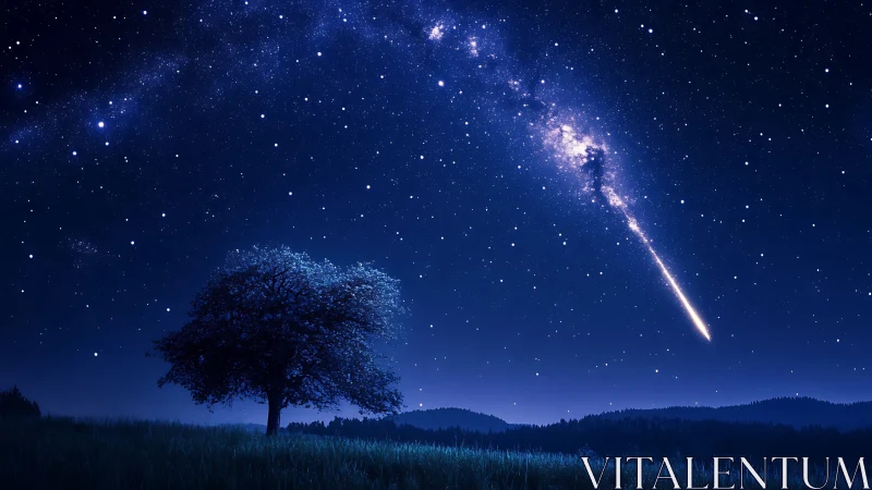 Gentle lone tree under a shimmering starry night sky.