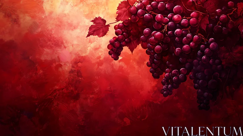 Clustered red grapes against textured crimson backdrop.
