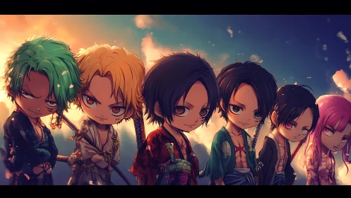 Group of stylized chibi swordsmen stand in sunset lighting