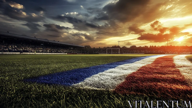 Low-angle stadium field at sunset with tricolor turf striping.