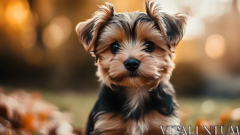 Small brown and black puppy outdoors in soft autumn light.