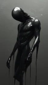 Black humanoid figure drips liquid gloss in neutral space