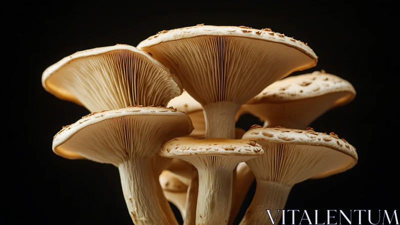 Clustered cream mushrooms display detailed gill structures