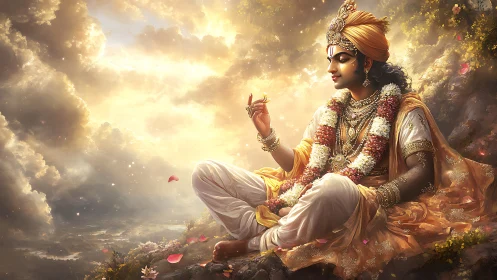 Serene divine figure resting in radiant celestial clouds.