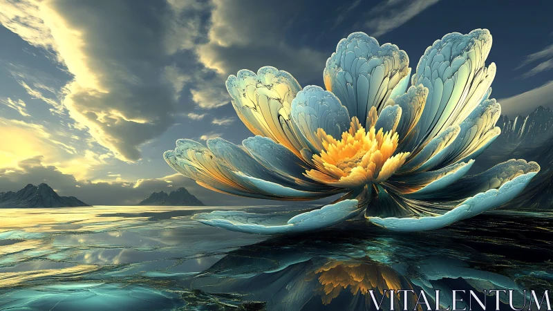 Fractal lotus-like structure forms luminous petals above reflective lake