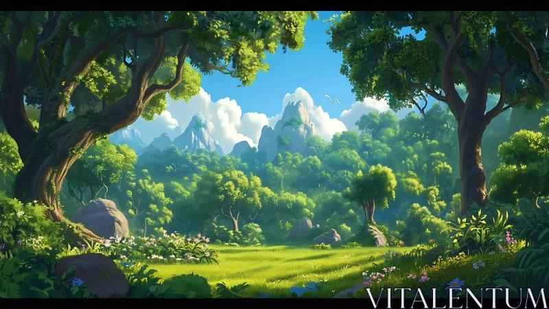 Sunlit Valley Garden Framed by Ancient Giants.