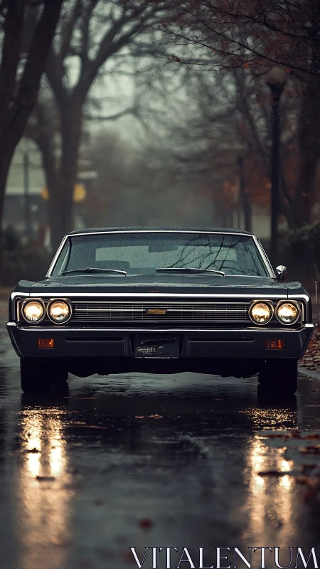 Classic Chevrolet sedan on wet autumn street at dusk.