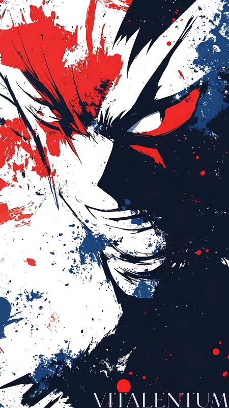 High-contrast anime visage in tricolor splatter abstraction