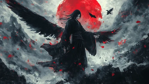 Raven-winged reaper drifts beneath a feral crimson moon.