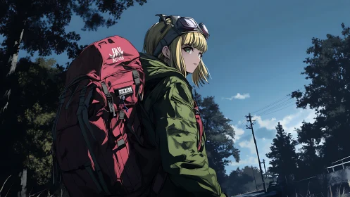 Girl with red hiking backpack stands on roadside at dusk