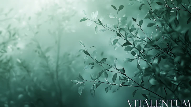Delicate leafy branches in soft green mist, atmospheric nature art.