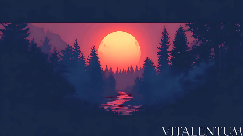 Sunset over conifer forest with reflective river corridor.