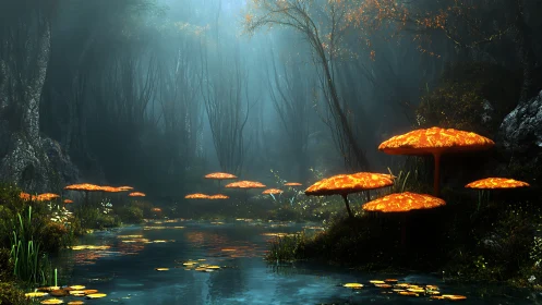 Luminous mushrooms ignite a misty enchanted forest lagoon.