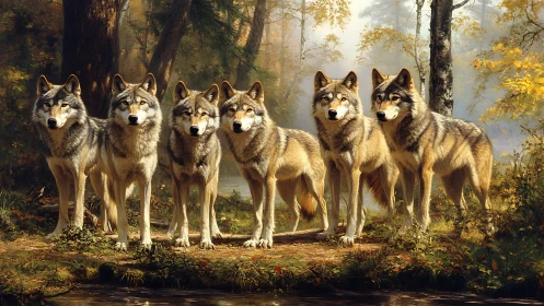 Six gray wolves stand aligned in sunlit autumn forest clearing