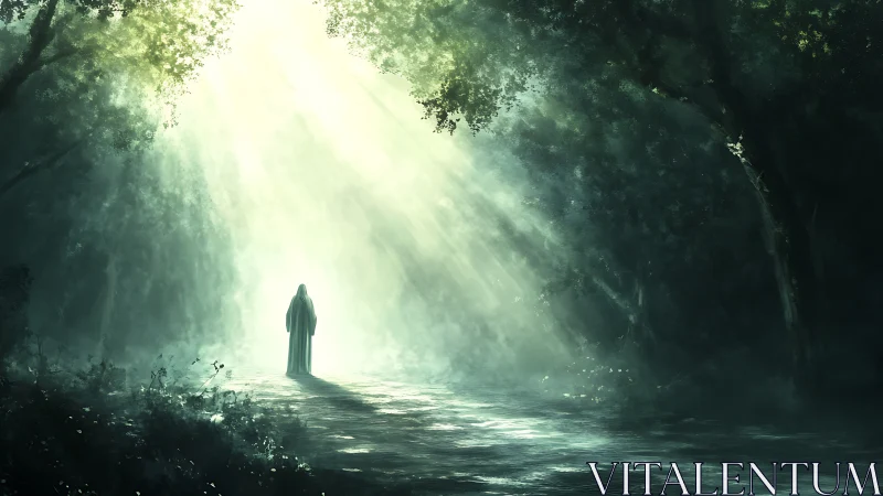 Solitary wanderer pauses where forest shadows meet heaven