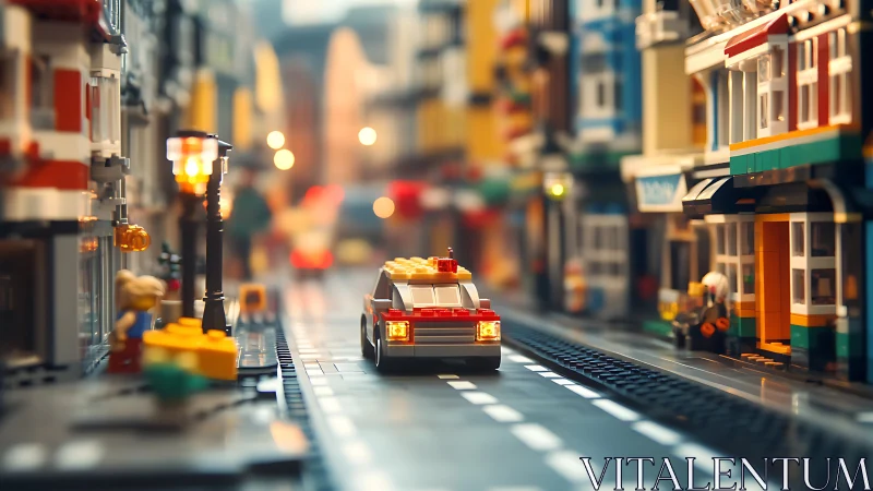 Lego city street glows at dusk as toy police car cruises.
