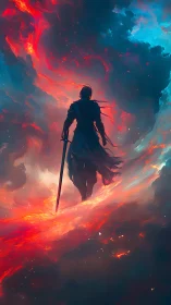 Lone swordsman strides through blazing cosmic storm