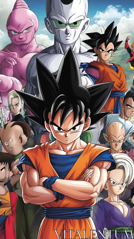 Group portrait of spiky haired warriors and villains lineup.