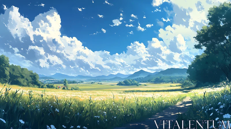 Panoramic rural meadow under cumulus sky with layered depth cues