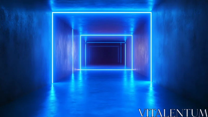 Neon blue tunnel corridor with recursive luminous frames.