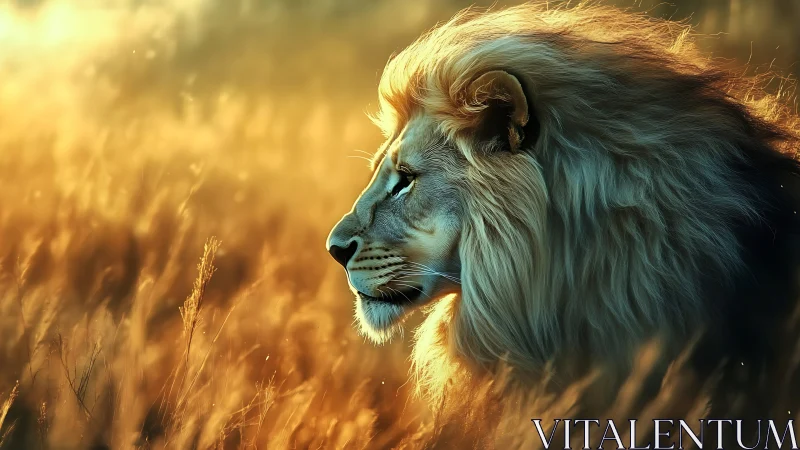 Golden light lion profile in glowing savanna grassland.