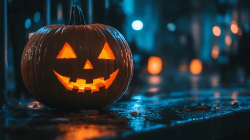 Glowing jack o lantern on wet street in moody blue night.