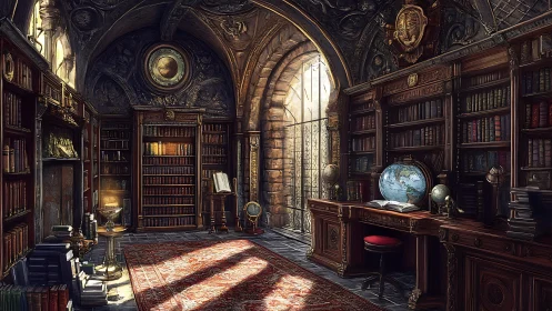 Sunlit gothic library with ornate globes and bookshelves.