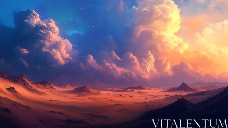 Expansive desert plain under dense illuminated cloud bank.